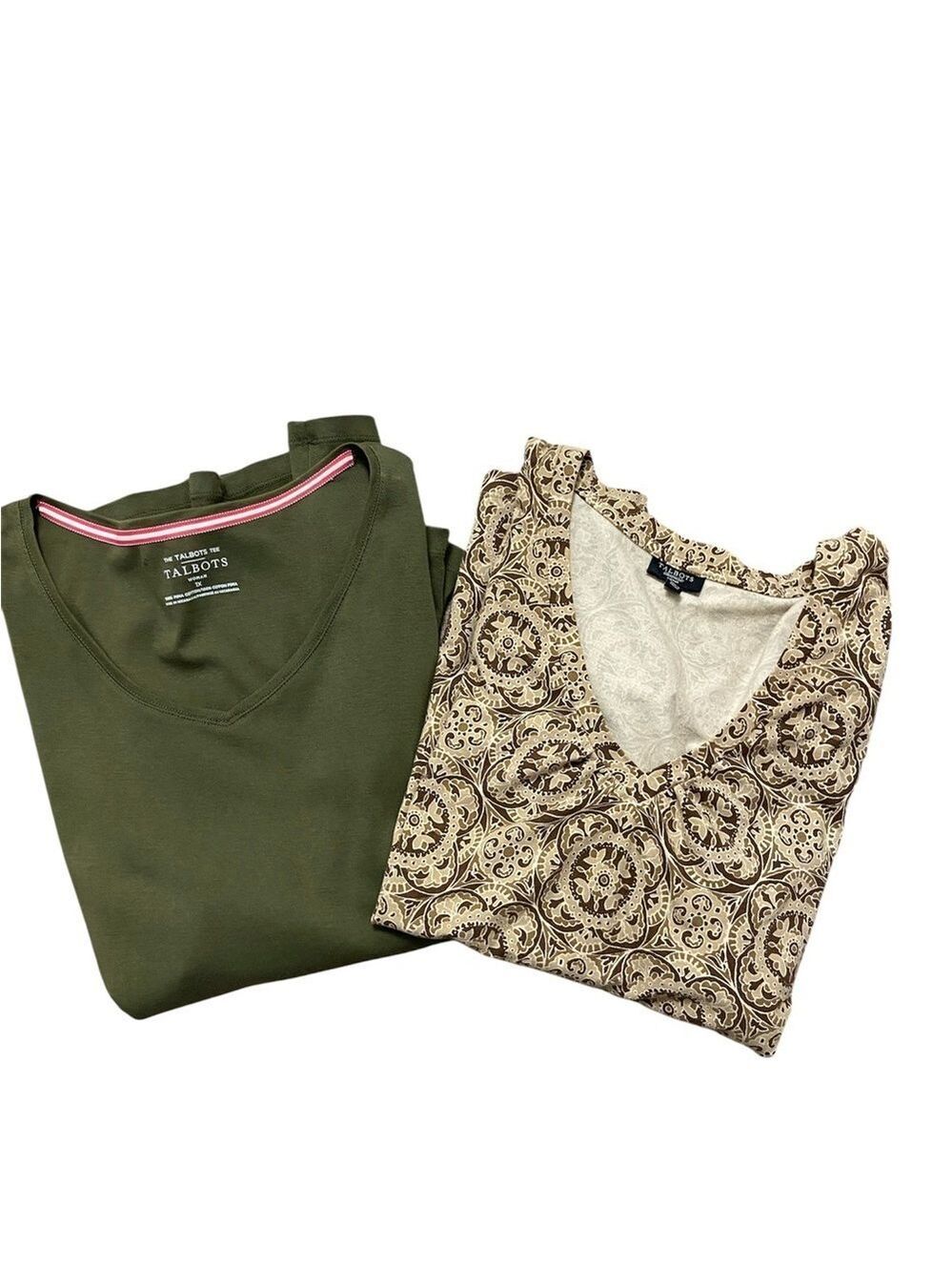 Talbots Olive Green Top and Beige Patterned tops set of 2 Sz 1X